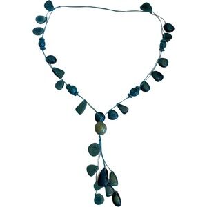 Natural Blue Tagua Nut and Beads Lariat Statement Necklace Artisan Hand Made